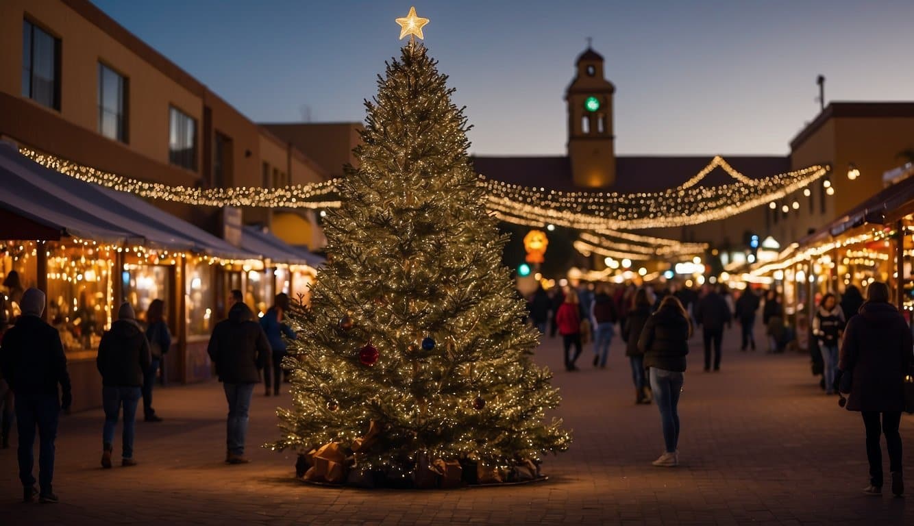 A large Christmas tree with lights and ornaments is centered in a festive outdoor market with people walking and illuminated stalls in the background.