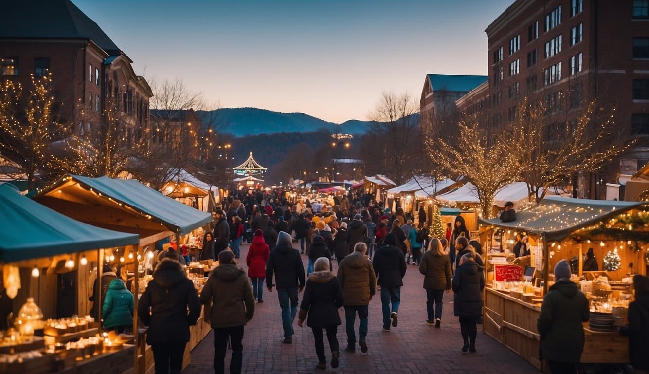 A bustling holiday market with colorful stalls and twinkling lights, set against the backdrop of the picturesque Asheville, North Carolina