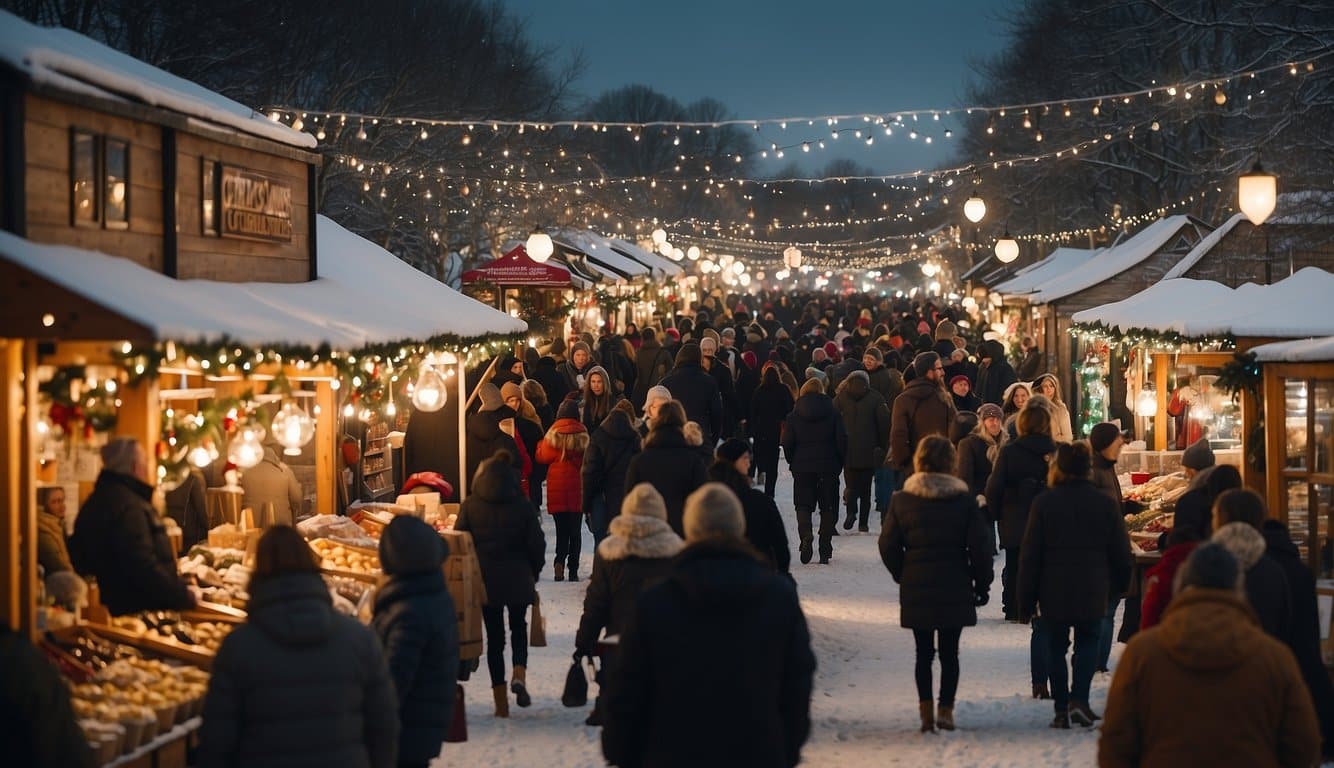 A snowy riverbank lined with festive stalls, twinkling lights, and bustling crowds at Farmington's Christmas by the River Markets