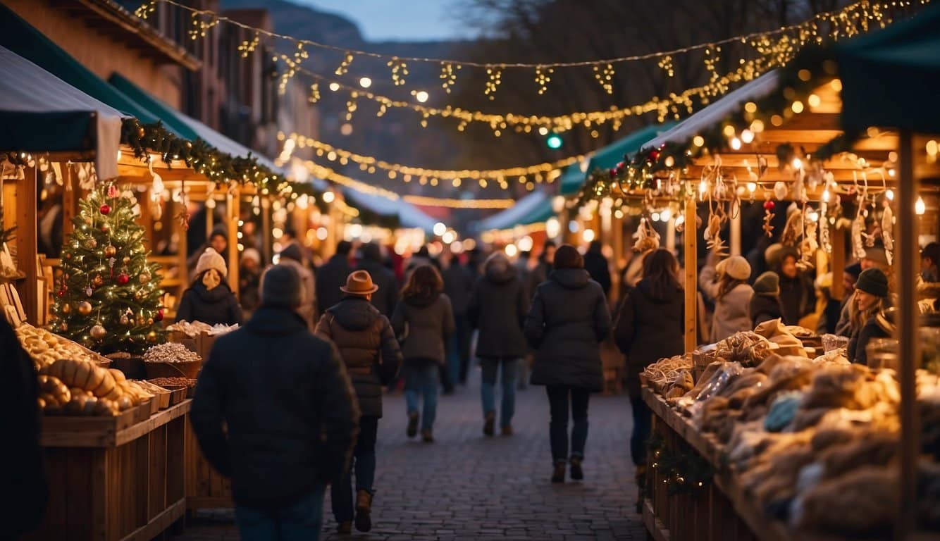 A bustling holiday market in Las Cruces, New Mexico, with colorful stalls, twinkling lights, and joyful shoppers browsing through artisan crafts and festive decorations