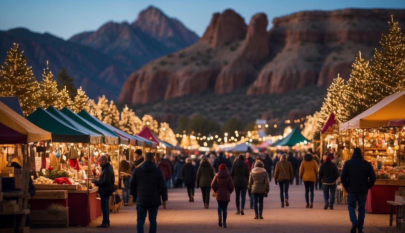 Victorian buildings adorned with festive lights and decorations line the bustling Christmas market in Silver City, New Mexico. Vendors display their wares while carolers fill the air with holiday cheer