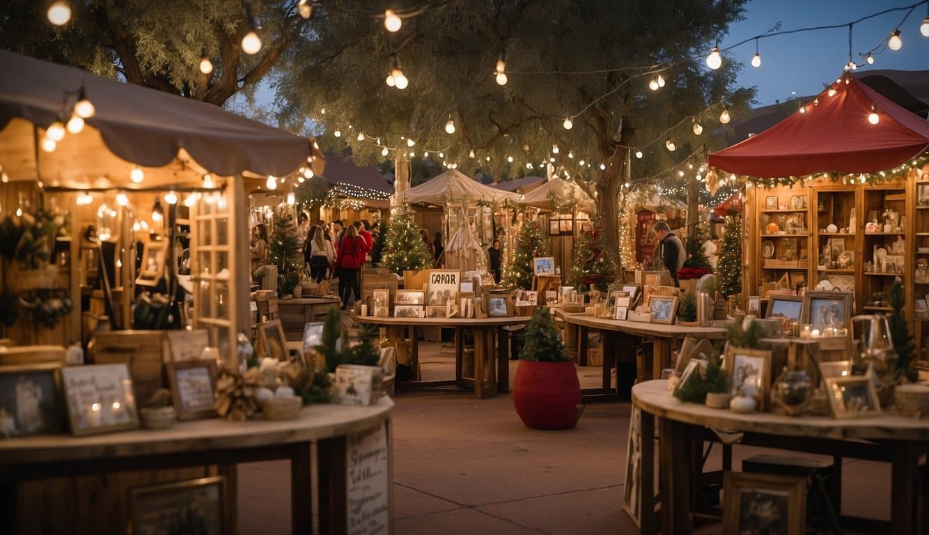 A bustling Christmas crafts fair in Taos, New Mexico, with colorful market stalls, twinkling lights, and festive decorations in 2024