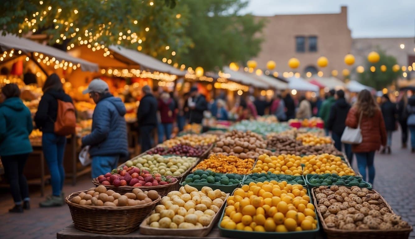 Colorful market stalls line cobblestone streets in Albuquerque's Old Town. Festive lights twinkle above as visitors browse artisan crafts and sample local holiday treats