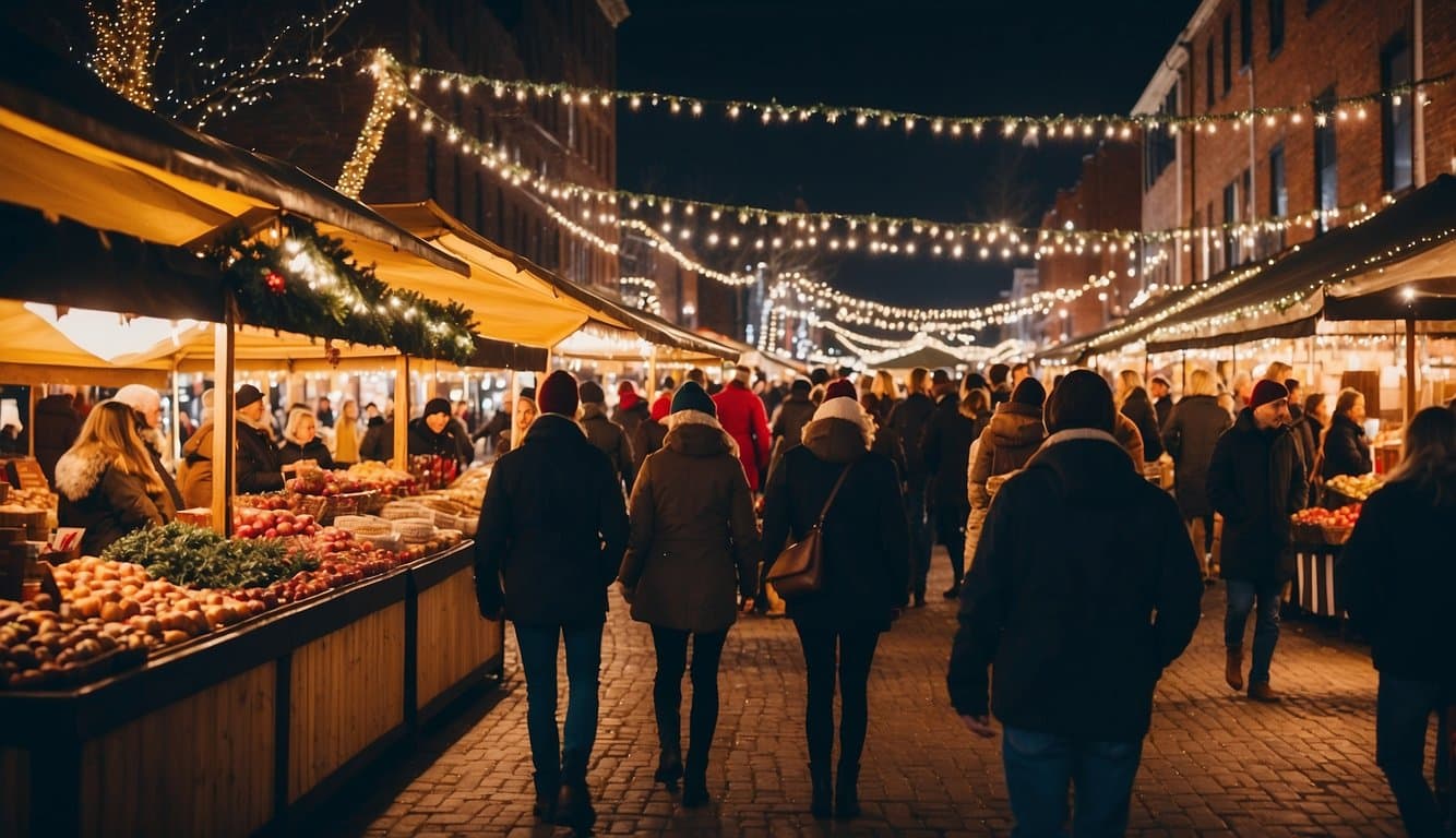 A bustling Christmas market in Nashville, Tennessee with colorful stalls, twinkling lights, and festive decorations. The air is filled with the scent of mulled wine and roasted chestnuts as visitors browse through the holiday goodies