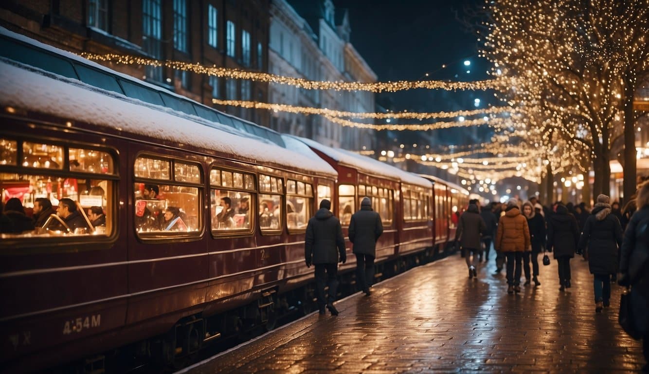 A bustling winter craft fair in New Mexico with colorful market stalls, twinkling Christmas lights, and a festive atmosphere