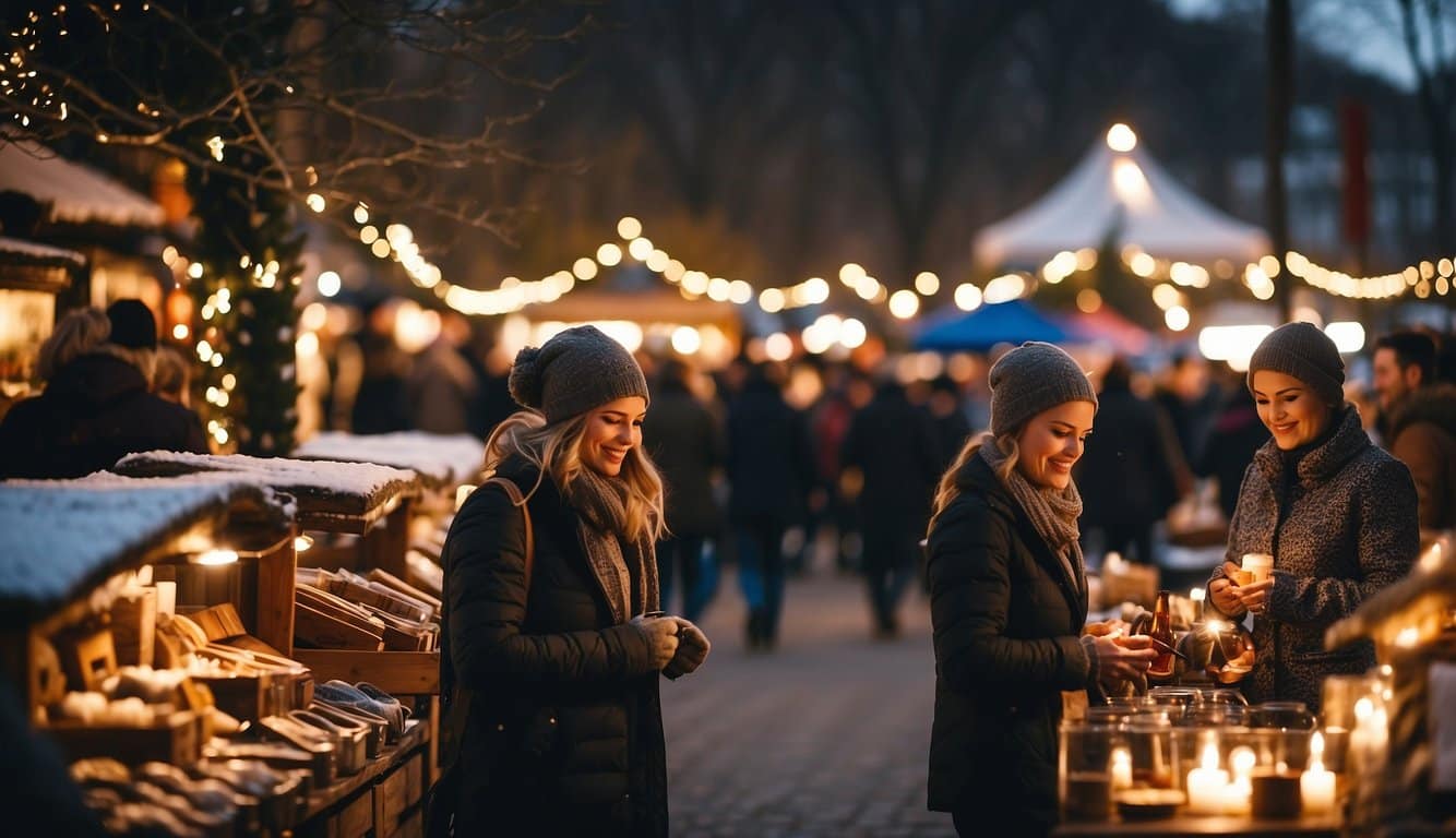 A bustling holiday market with twinkling lights, festive decorations, and a variety of handmade goods on display. Shoppers browse through the stalls, sipping on hot drinks and enjoying the cheerful atmosphere