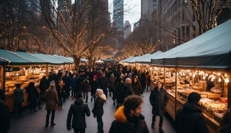 A busy outdoor Christmas market in New York 2024, with people walking between stalls that are lit up with string lights. Trees with bare branches and buildings are visible in the background.