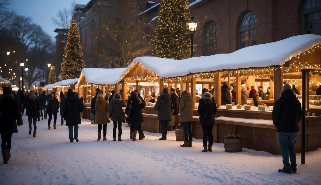 Snow-covered booths line the museum courtyard, adorned with twinkling lights and festive decorations. Visitors browse through artisanal crafts and seasonal treats, while the sound of holiday music fills the air