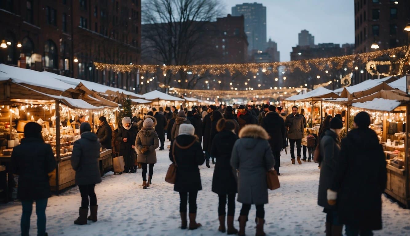 Snow-covered market with festive stalls, twinkling lights, and bustling crowds at Brooklyn Flea Winter Market Christmas Markets, New York 2024