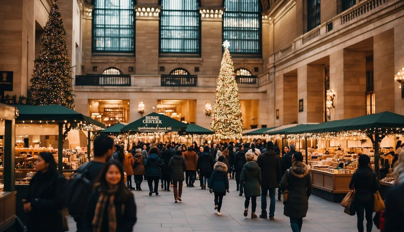 Crowds bustle among festive stalls, adorned with twinkling lights and colorful decorations. The scent of spiced cider and roasted chestnuts fills the air, as merry carolers serenade visitors