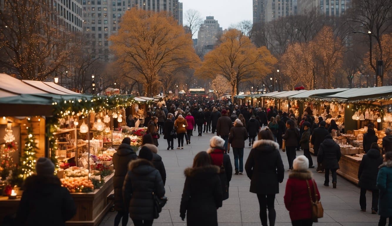 The Columbus Circle Holiday Market bustles with festive energy, as vendors display colorful wares and visitors browse through the twinkling stalls