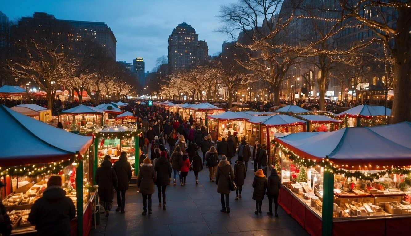 The bustling Union Square Holiday Market is filled with colorful stalls, twinkling lights, and festive decorations, creating a lively and cheerful atmosphere for visitors to enjoy