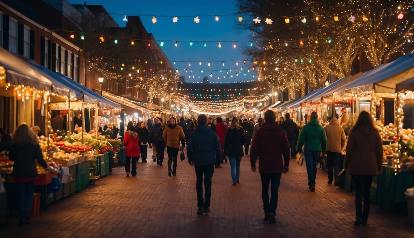 A festive street lined with colorful Christmas lights and bustling market stalls in Mobile, Alabama