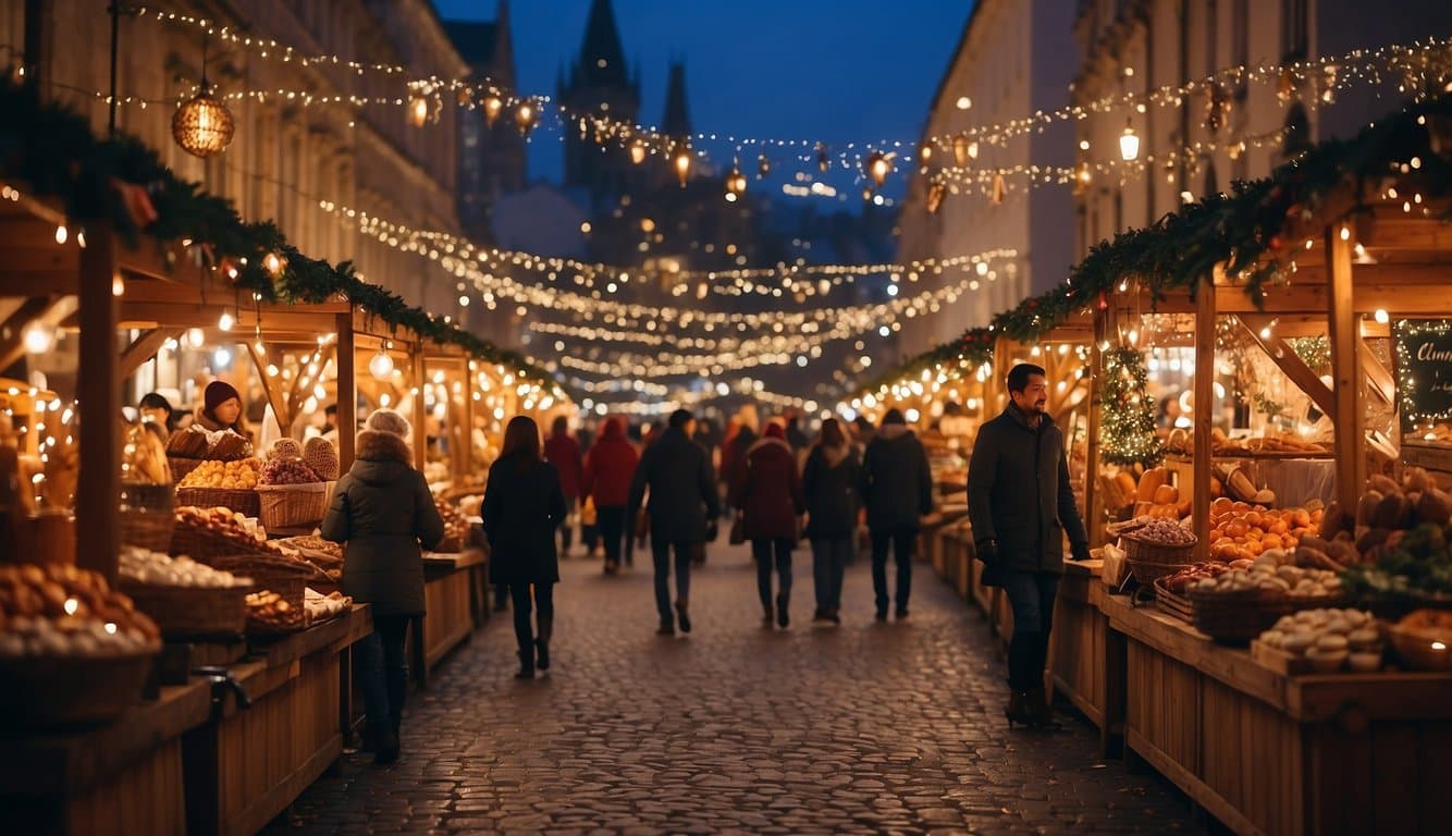 Colorful stalls line the streets, adorned with twinkling lights and festive decorations. The air is filled with the scent of cinnamon and hot chocolate, as visitors browse handmade crafts and sample delicious holiday treats