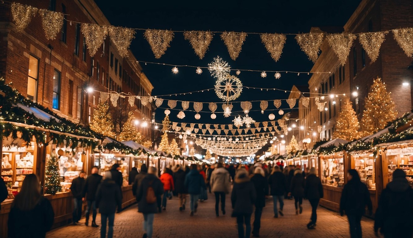 The bustling Christmas market in Canton, Ohio is filled with colorful stalls, twinkling lights, and festive decorations, creating a magical holiday wonderland