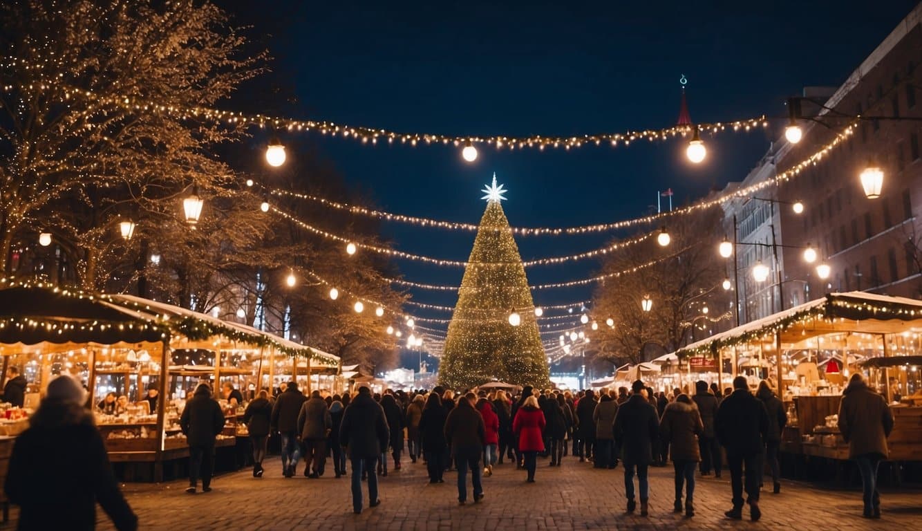 The Ohio Christmas market bustles with vendors and shoppers amid twinkling lights and festive decorations. A giant Christmas tree towers over the scene, while the aroma of mulled wine and roasted chestnuts fills the air