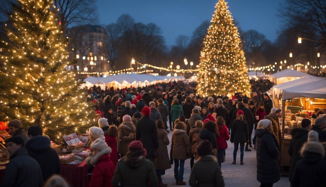 Colorful stalls line the snow-covered streets, adorned with twinkling lights and festive decorations. The air is filled with the scent of hot cocoa and freshly baked treats, as visitors browse the array of artisan crafts and holiday gifts