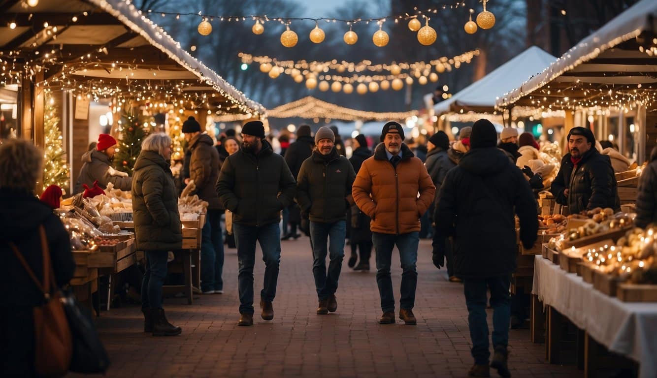 The Kettering Holiday Market in Ohio is bustling with vendors and shoppers, adorned with twinkling lights and festive decorations, creating a merry atmosphere