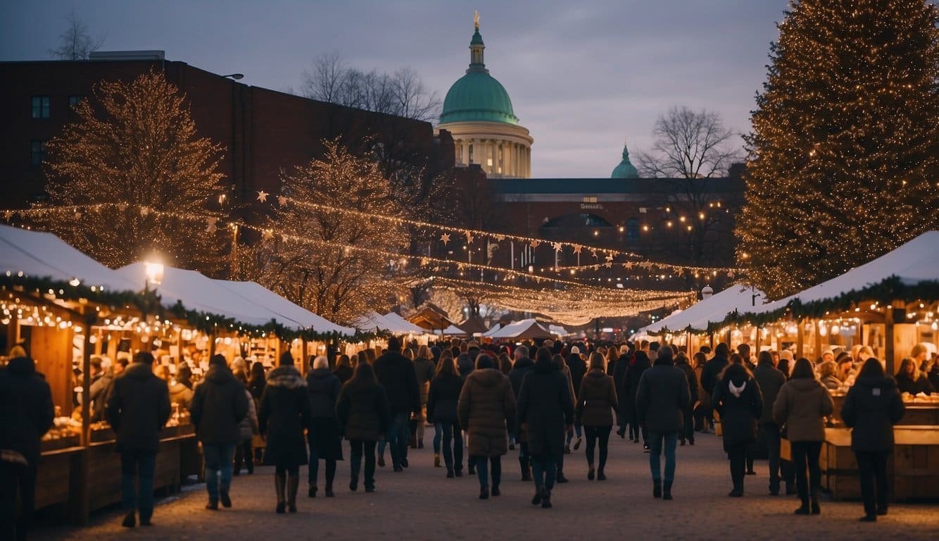 Crowds browse festive stalls under twinkling lights at Columbus Christmas Market, Ohio 2024. Smells of roasted nuts and mulled wine fill the air