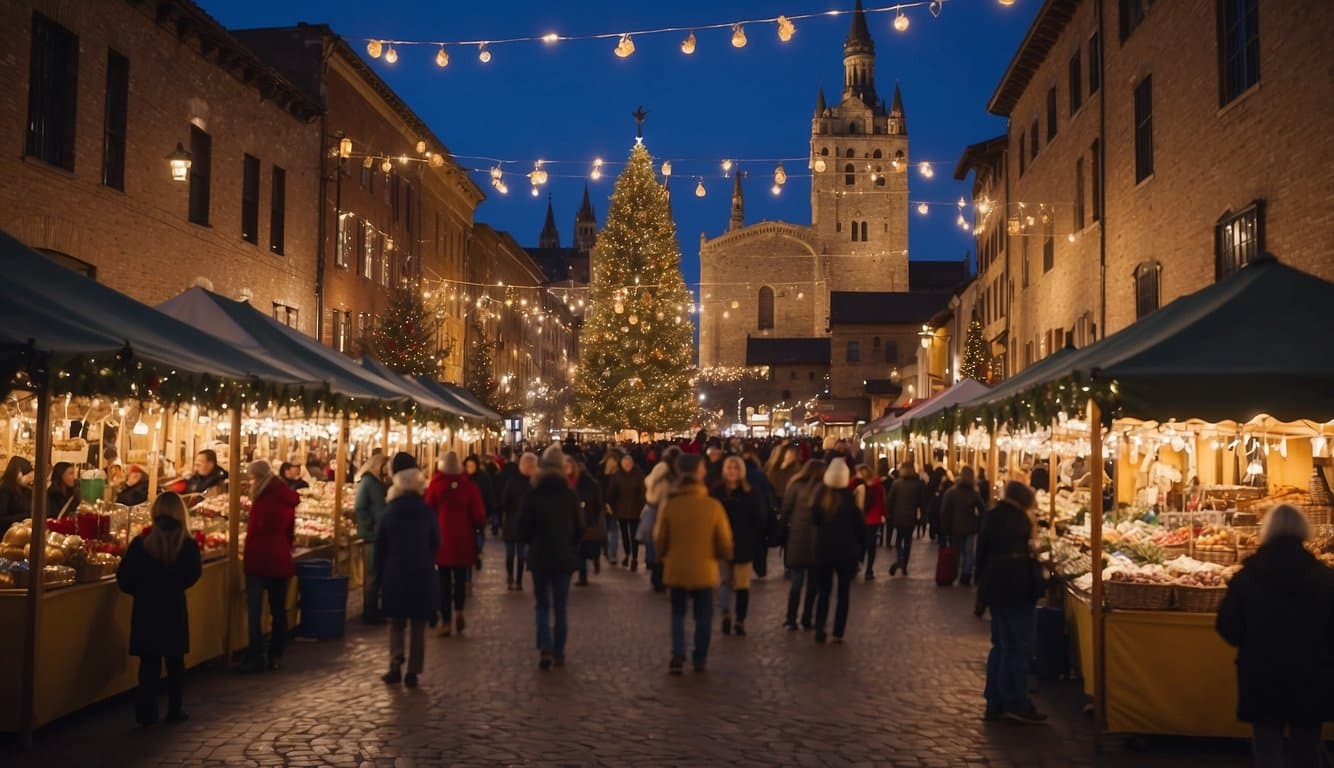 Toledo Christmas Plaza bustles with festive activity. Market stalls brim with colorful crafts, and twinkling lights illuminate the joyful atmosphere