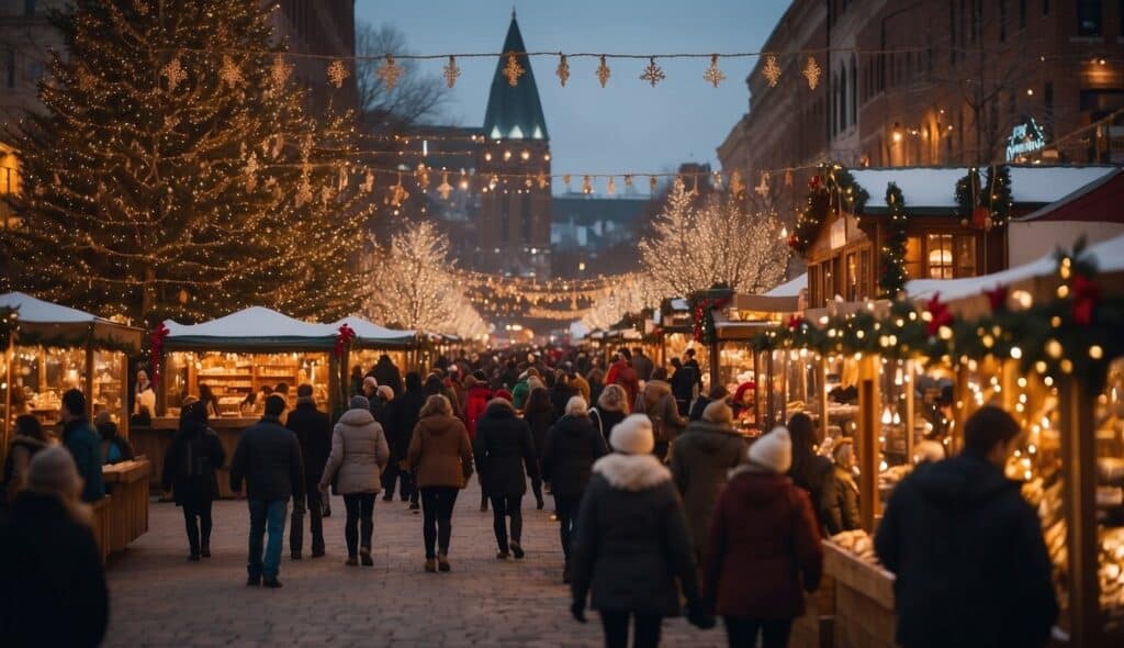 A festive market with numerous lit stalls and decorations, crowded with people bundled in winter clothing. A large Christmas tree and the spire of a building are visible in the background, capturing the magic of Christmas Markets Ohio 2024.