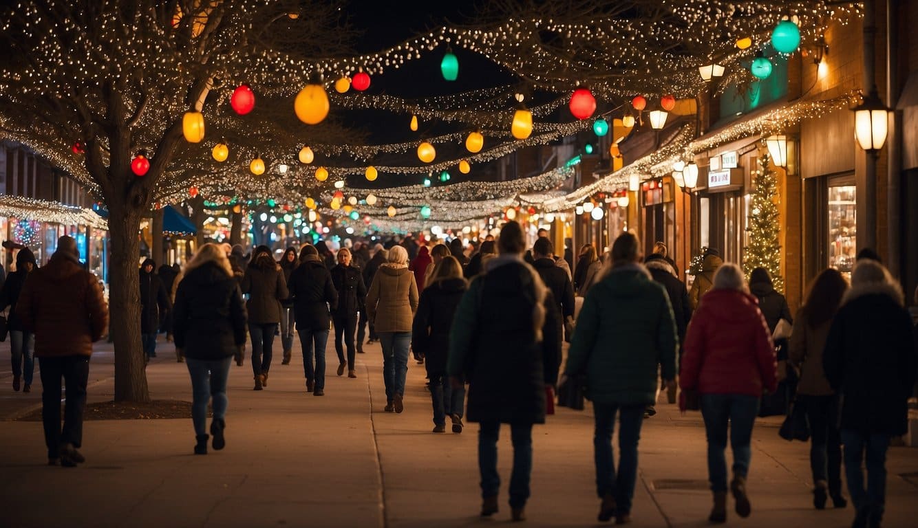 Colorful lights adorn the storefronts of 5th Street, Waco. Vendors sell festive goods at the bustling Christmas market. Joyful carolers fill the air with music