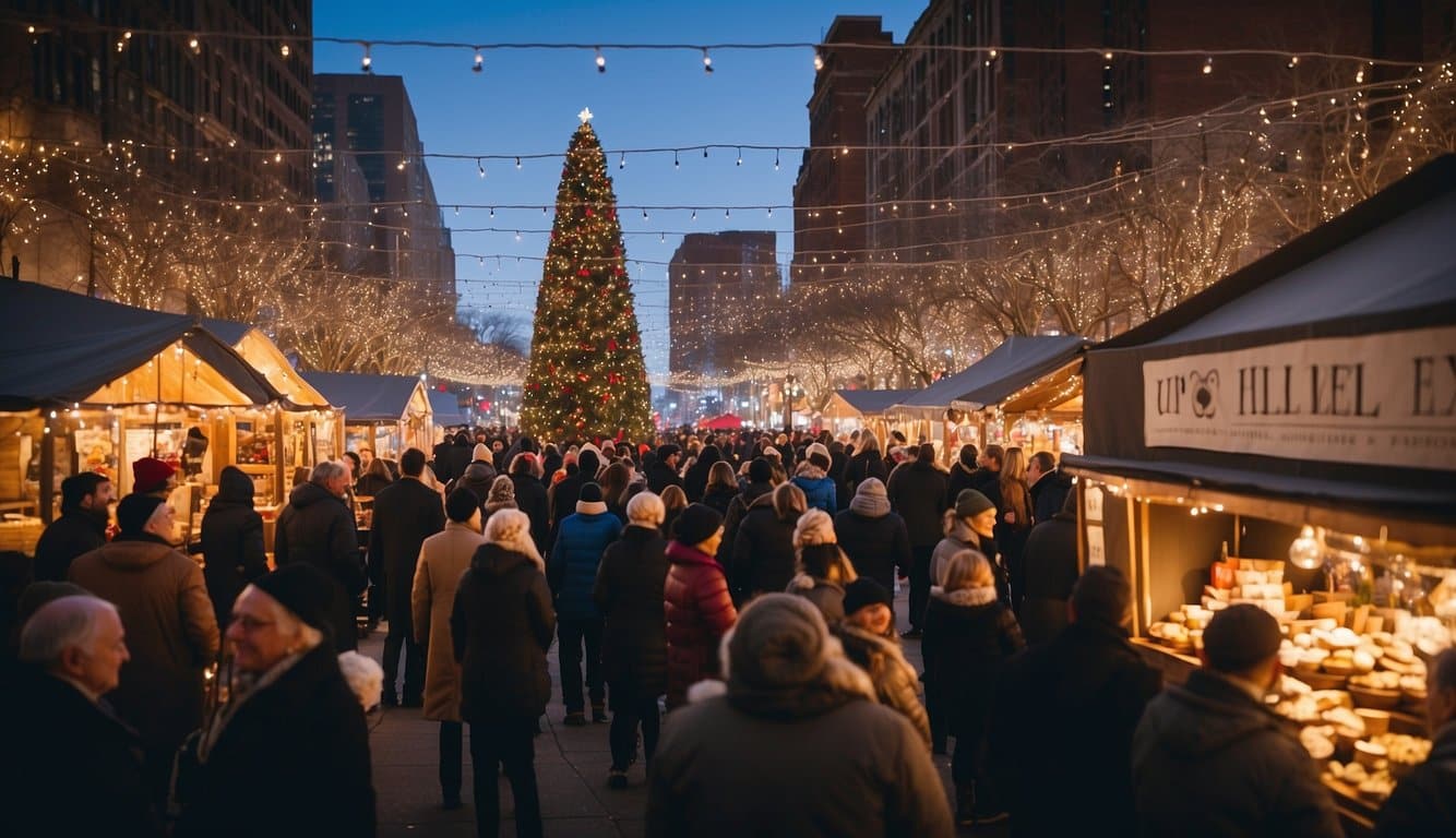 The Cleveland Holiday Market bustles with festive activity, adorned with twinkling lights and colorful decorations. Vendors sell handmade crafts and delicious treats, while joyful carolers fill the air with merry melodies