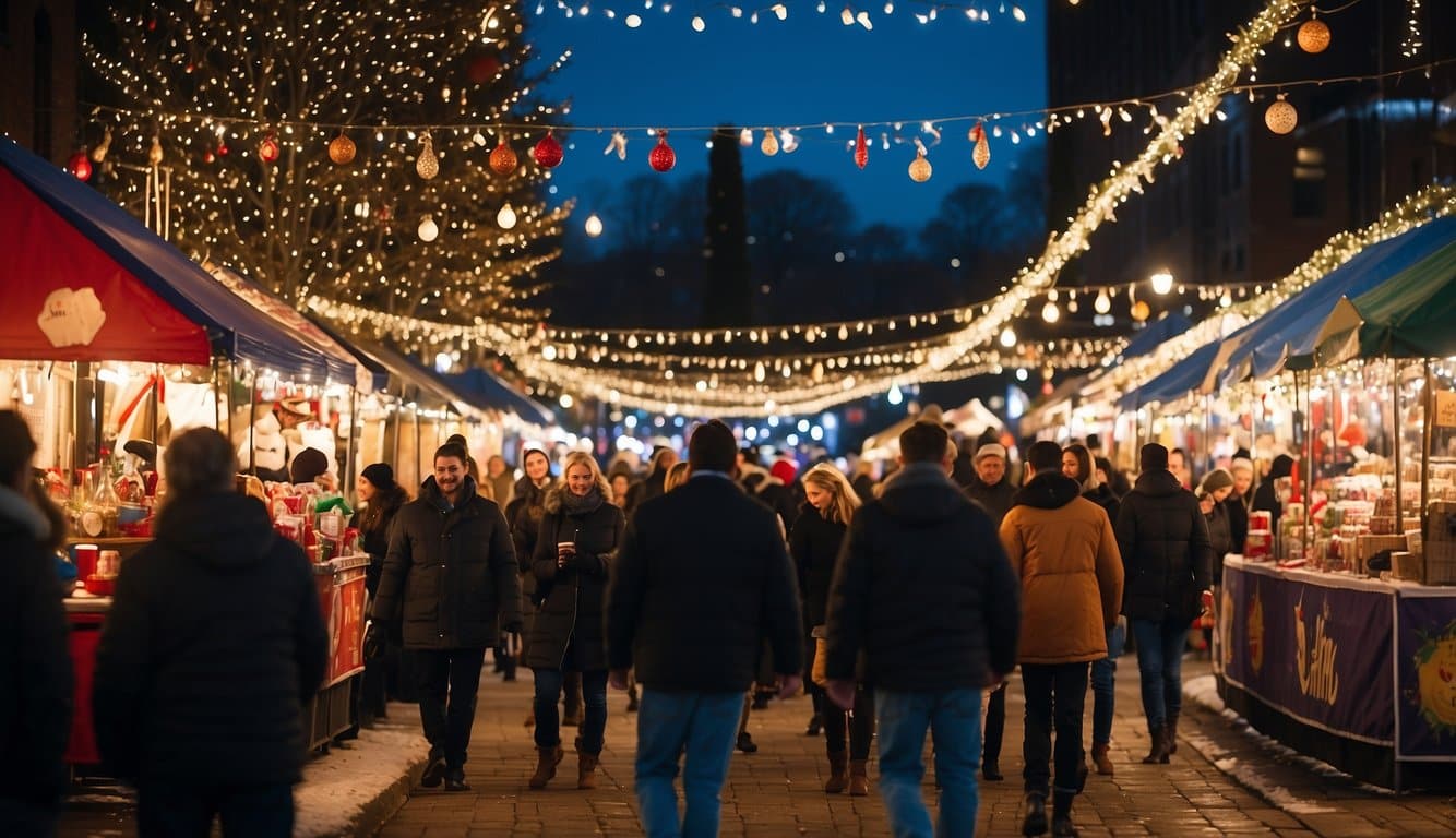 The Hamilton Christmas Fair bustles with festive activity. Vendors display their wares, and visitors wander among the twinkling lights and holiday decorations.