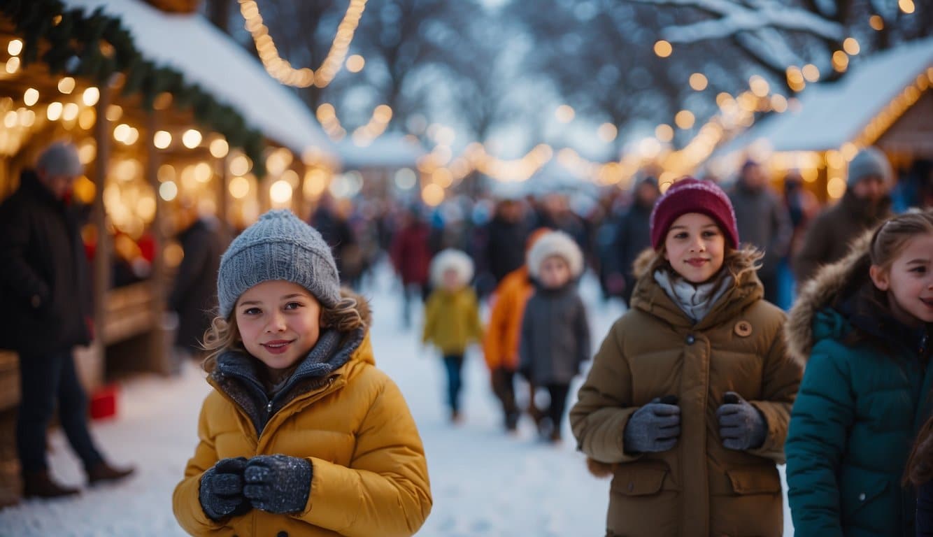 Crowds browse festive stalls at Oklahoma Christmas Markets 2024. Twinkling lights, fragrant food, and cheerful music fill the air