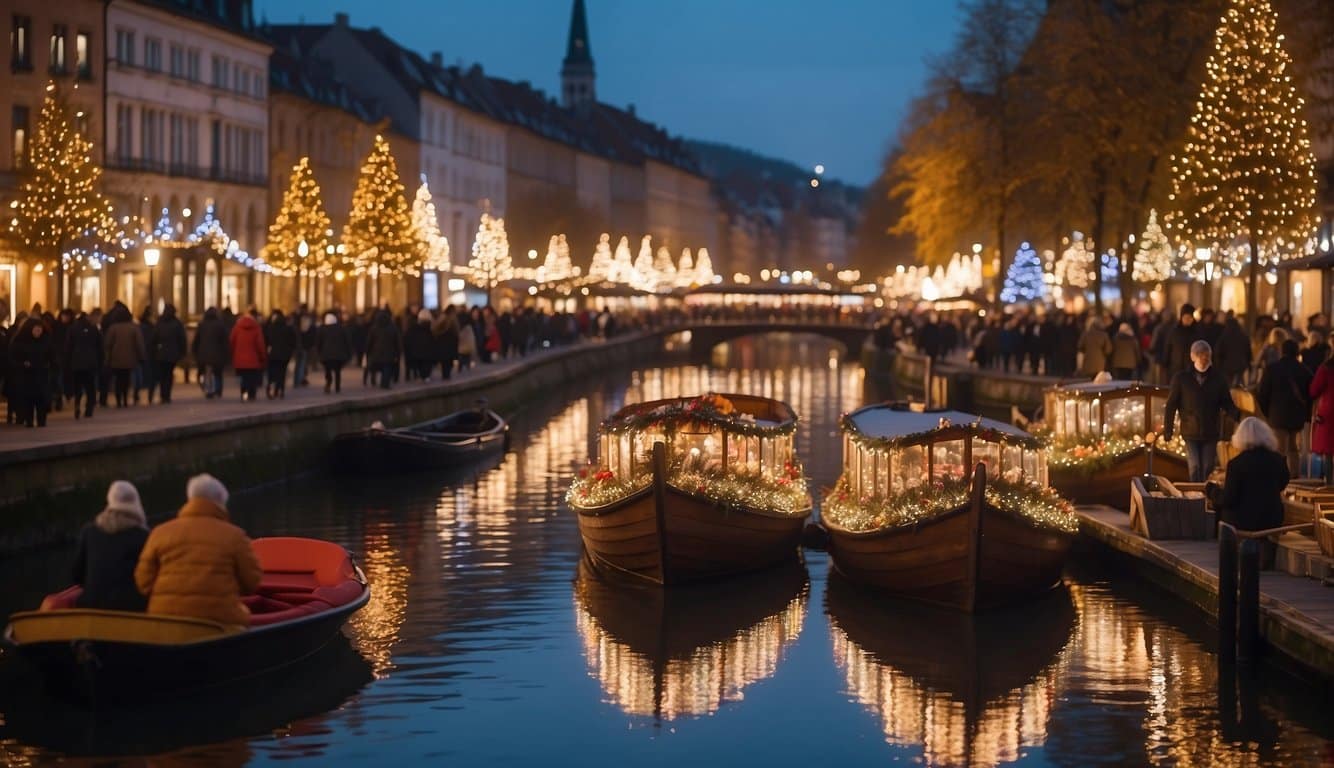 Festive boats float down the river, adorned with twinkling lights. Crowds browse Christmas markets, filled with colorful stalls and joyful music