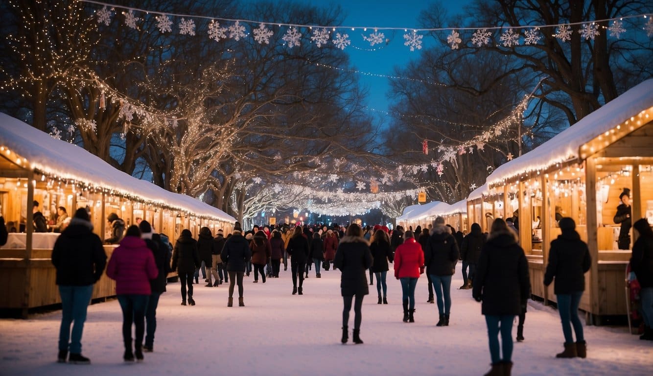 The Edmond Ice Rink at Mitch Park Christmas Markets is bustling with festive energy, with people skating, shopping, and enjoying the holiday atmosphere. The twinkling lights and colorful decorations create a magical winter wonderland