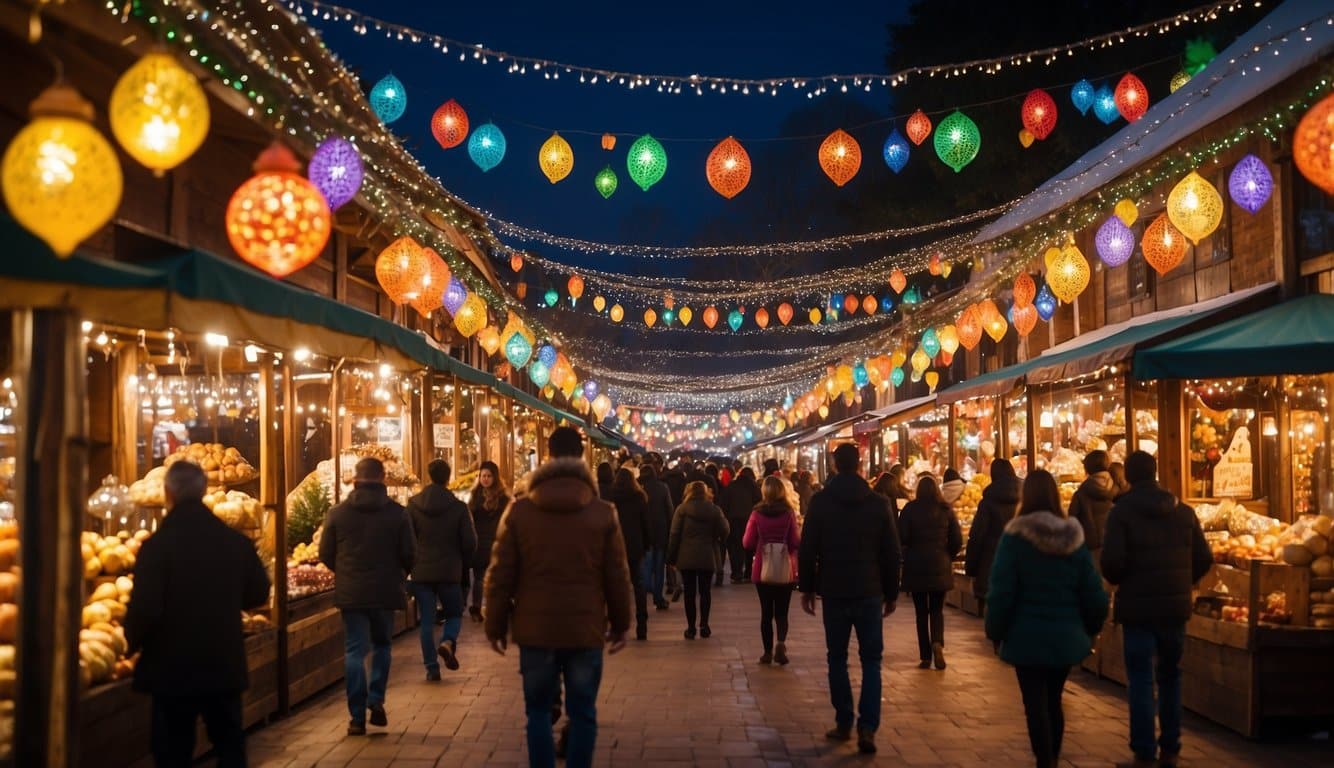 Colorful light displays illuminate market stalls. A festive atmosphere fills the air with holiday cheer. Visitors browse through unique gifts and seasonal treats