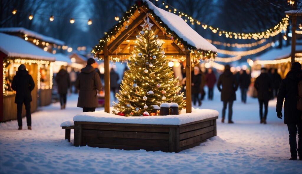 A Christmas tree adorned with lights and ornaments stands in the center of a snowy outdoor market at the Christmas Markets Oklahoma 2024, surrounded by illuminated stalls and people.