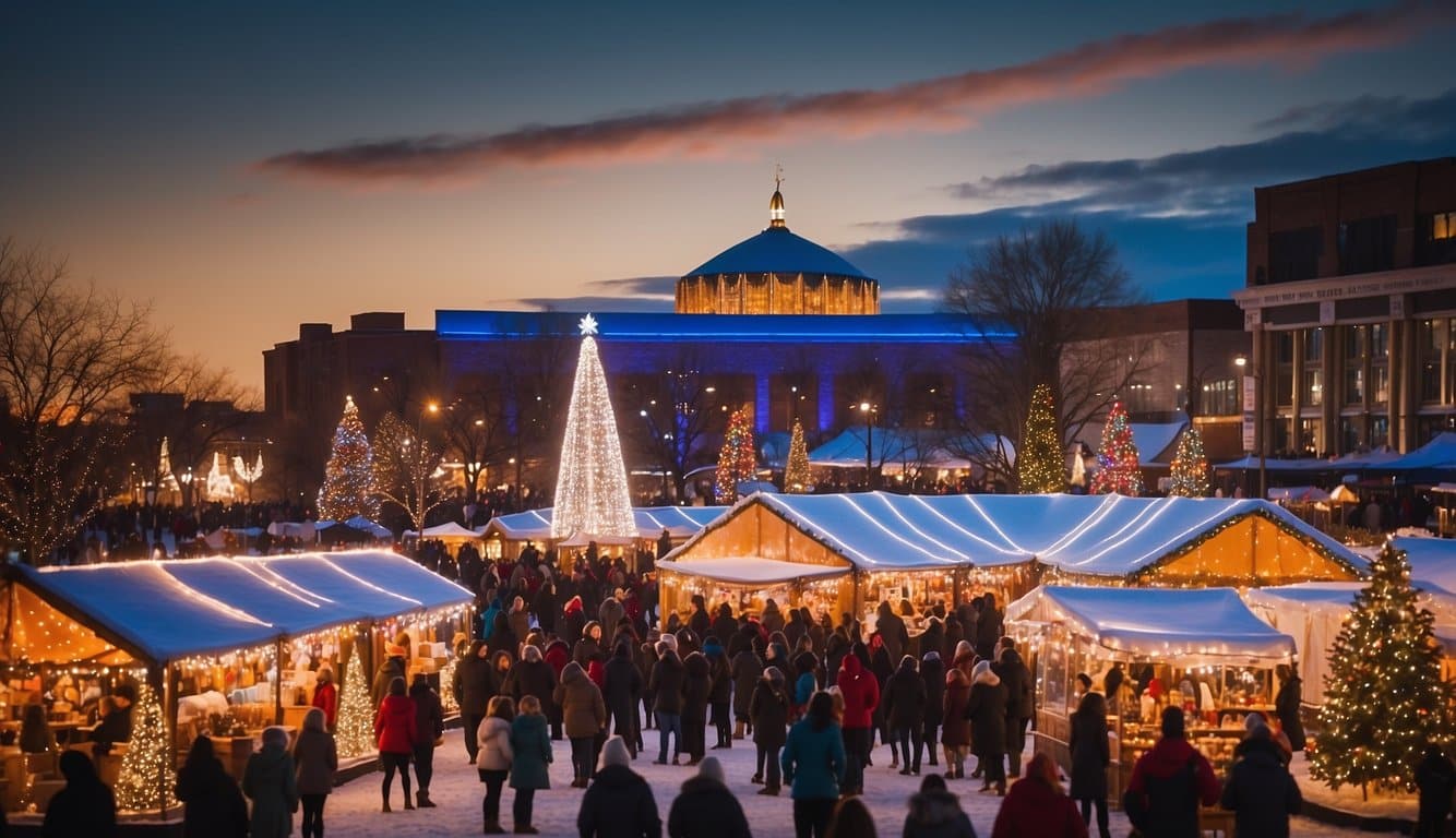 A bustling Christmas market with twinkling lights, festive stalls, and a giant ice rink surrounded by joyful crowds at Tulsa Winterfest in Oklahoma 2024