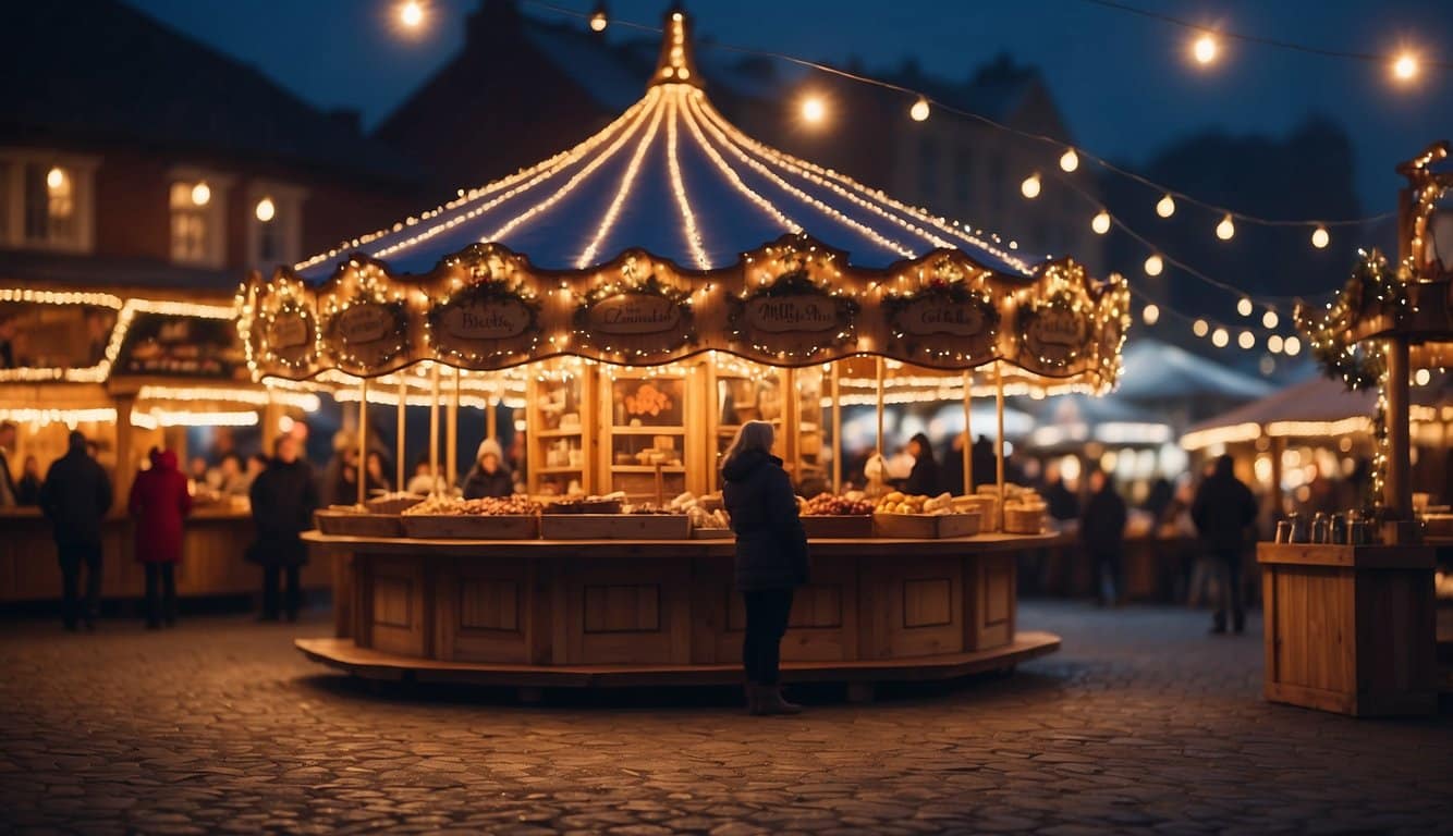 Cozy wooden stalls adorned with twinkling lights, offering unique handcrafted gifts and festive treats. A carousel spins merrily in the background, while the scent of mulled wine and roasted chestnuts fills the air