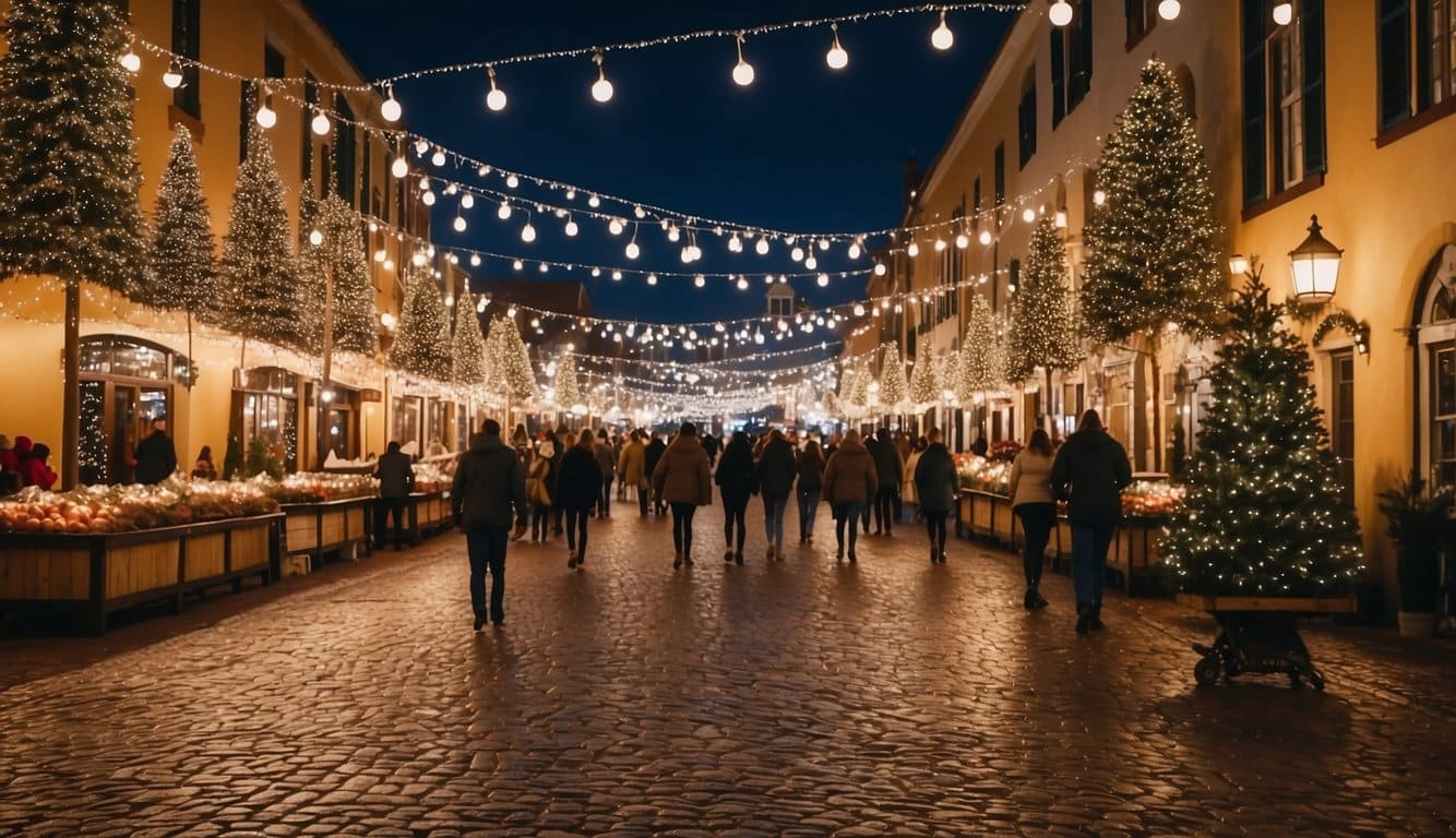 Snow-covered market stalls line cobblestone streets, adorned with twinkling lights and festive decorations, creating a magical winter wonderland in St. Augustine, Florida