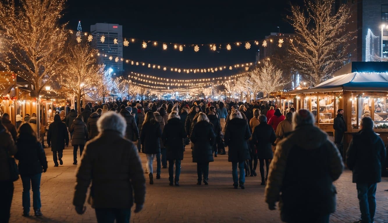 Snow-covered streets lined with festive stalls, twinkling lights, and bustling crowds at Oklahoma City's downtown Christmas market in December 2024