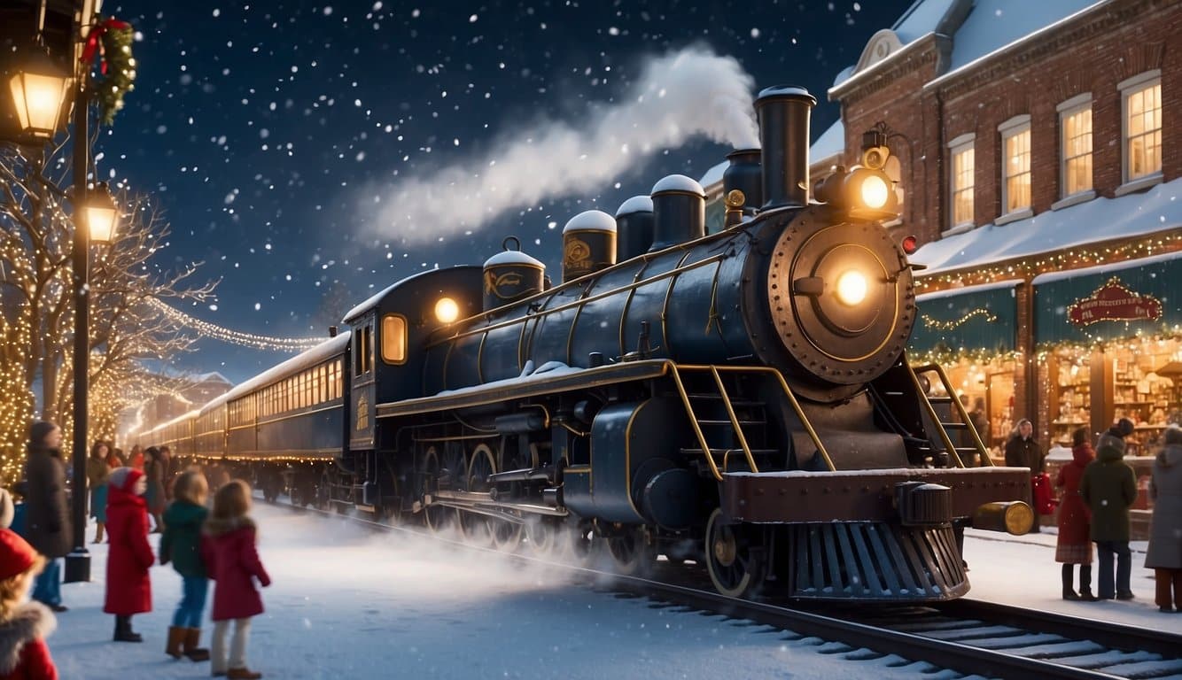 The Polar Express train steams through a snowy market, surrounded by twinkling lights and festive decorations