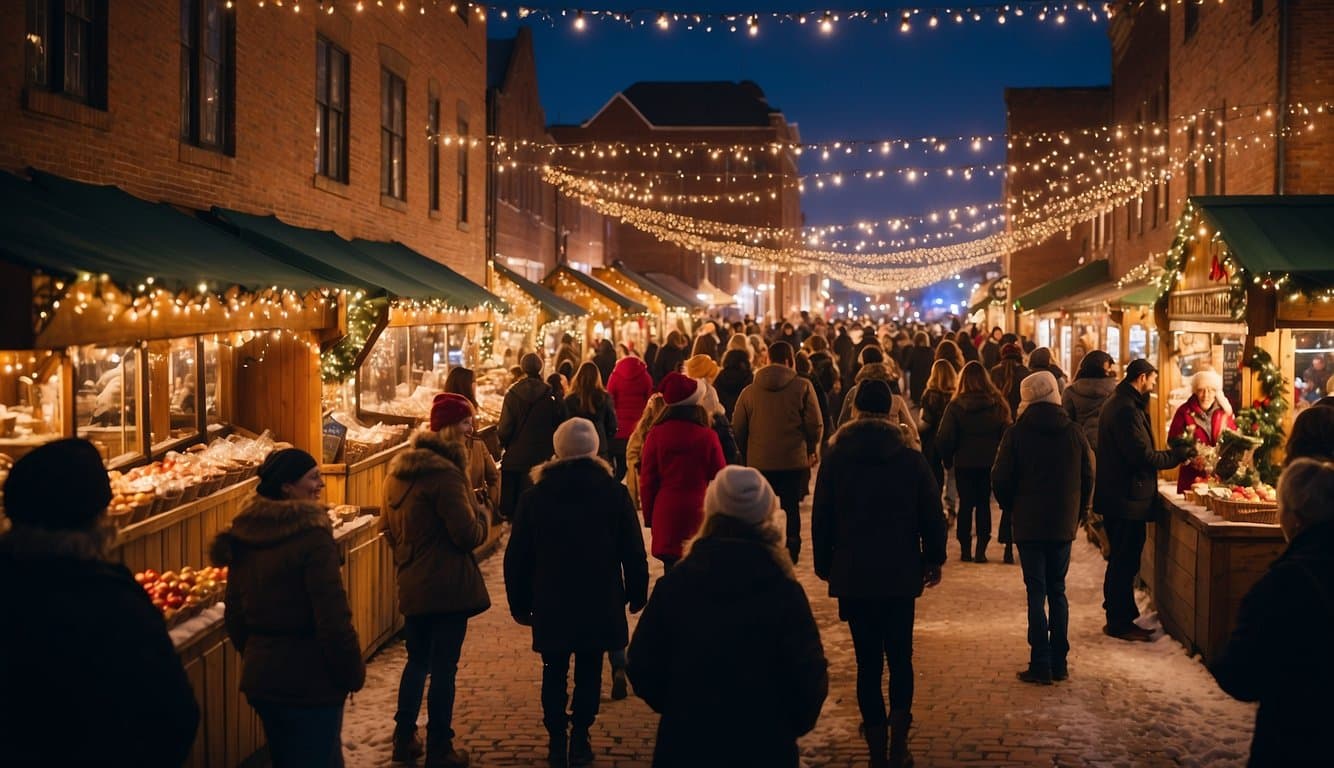 A festive Christmas market in Guthrie, Oklahoma, 2024, with colorful stalls, twinkling lights, and joyful carolers