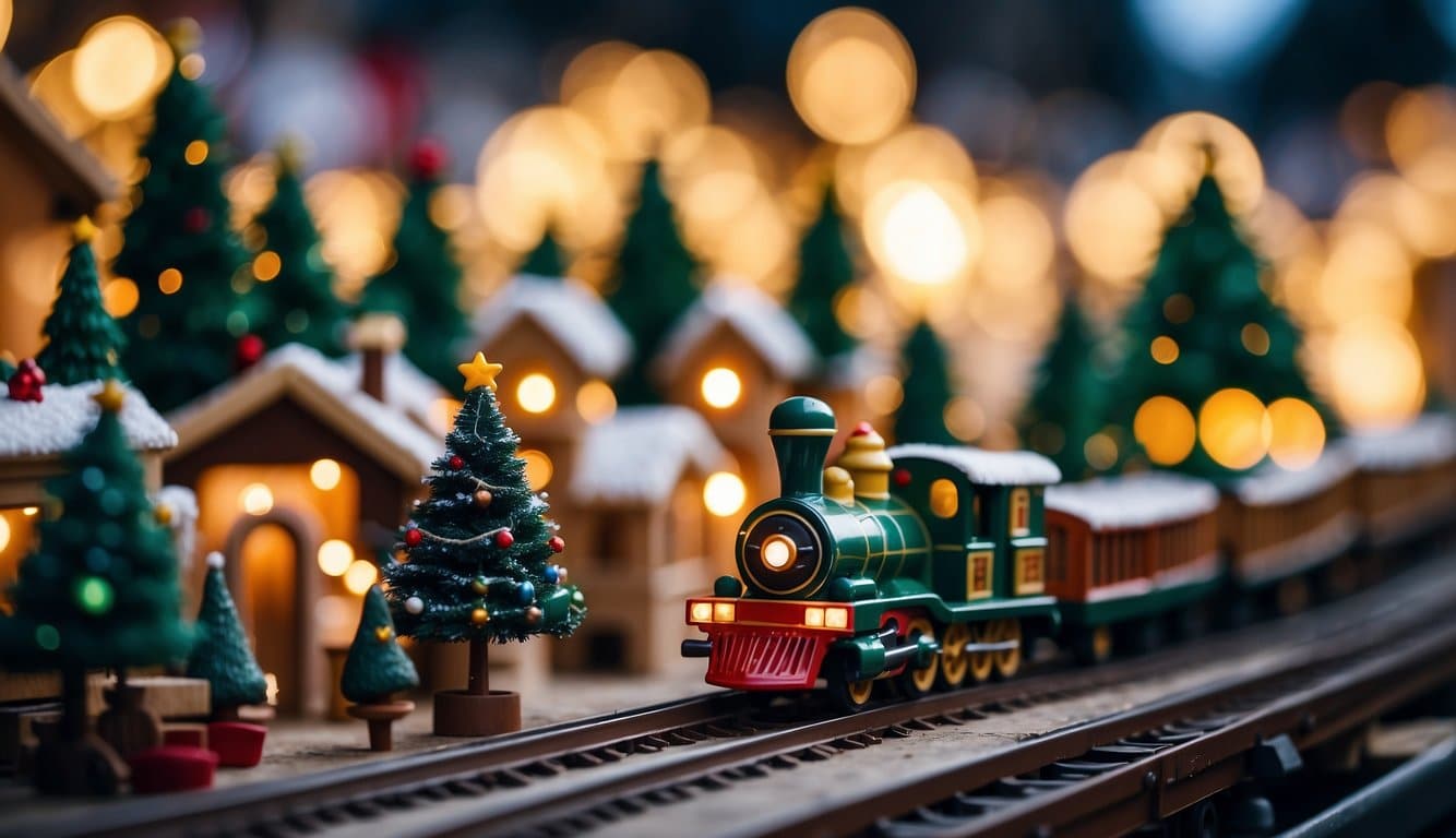 A miniature train set adorned with lights travels through a festive village decorated with Christmas trees and illuminated houses, reminiscent of the charming Christmas markets Pennsylvania is known for.