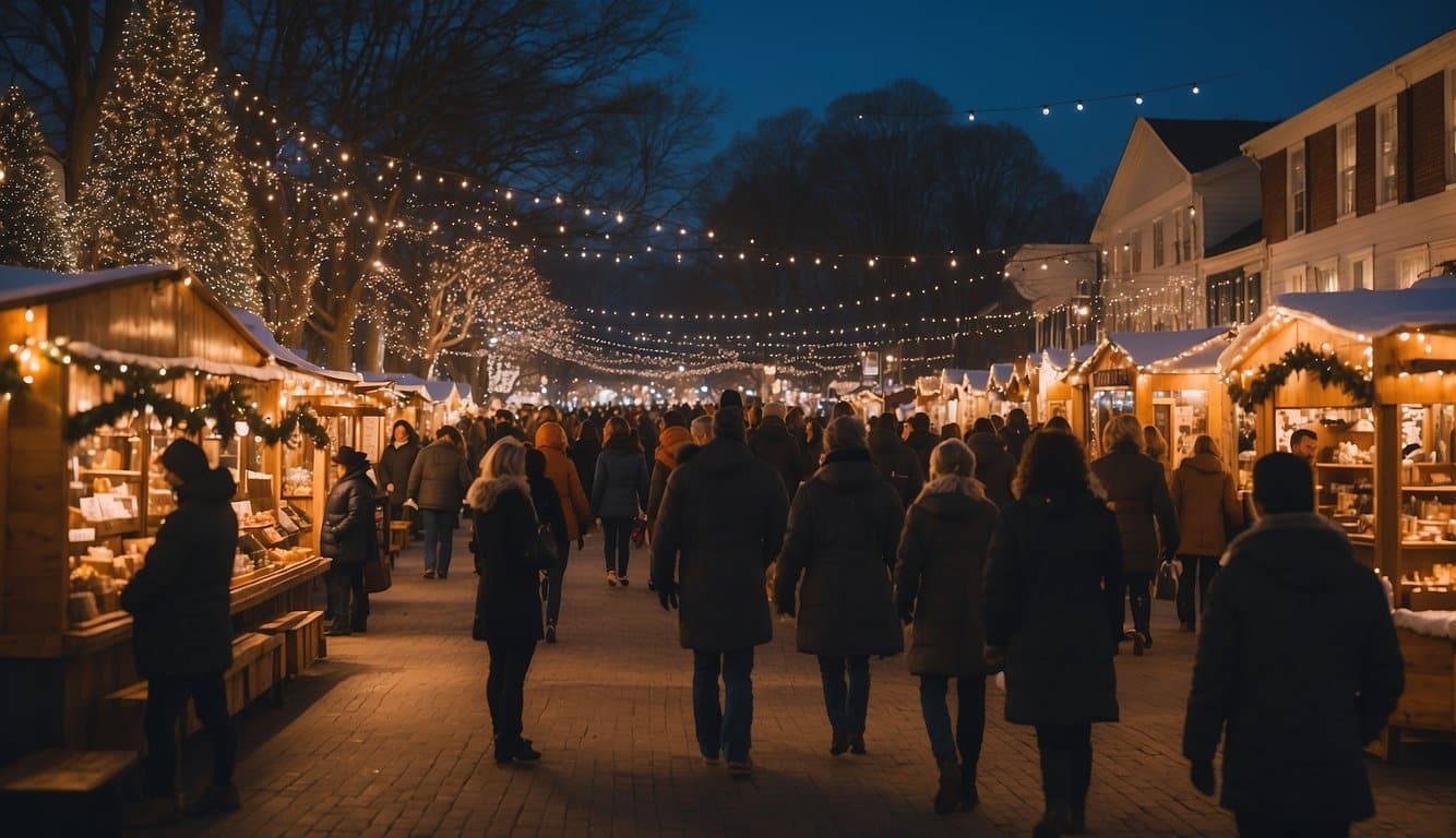 A bustling Christmas market with colorful stalls, festive decorations, and joyful shoppers in Lancaster, Pennsylvania