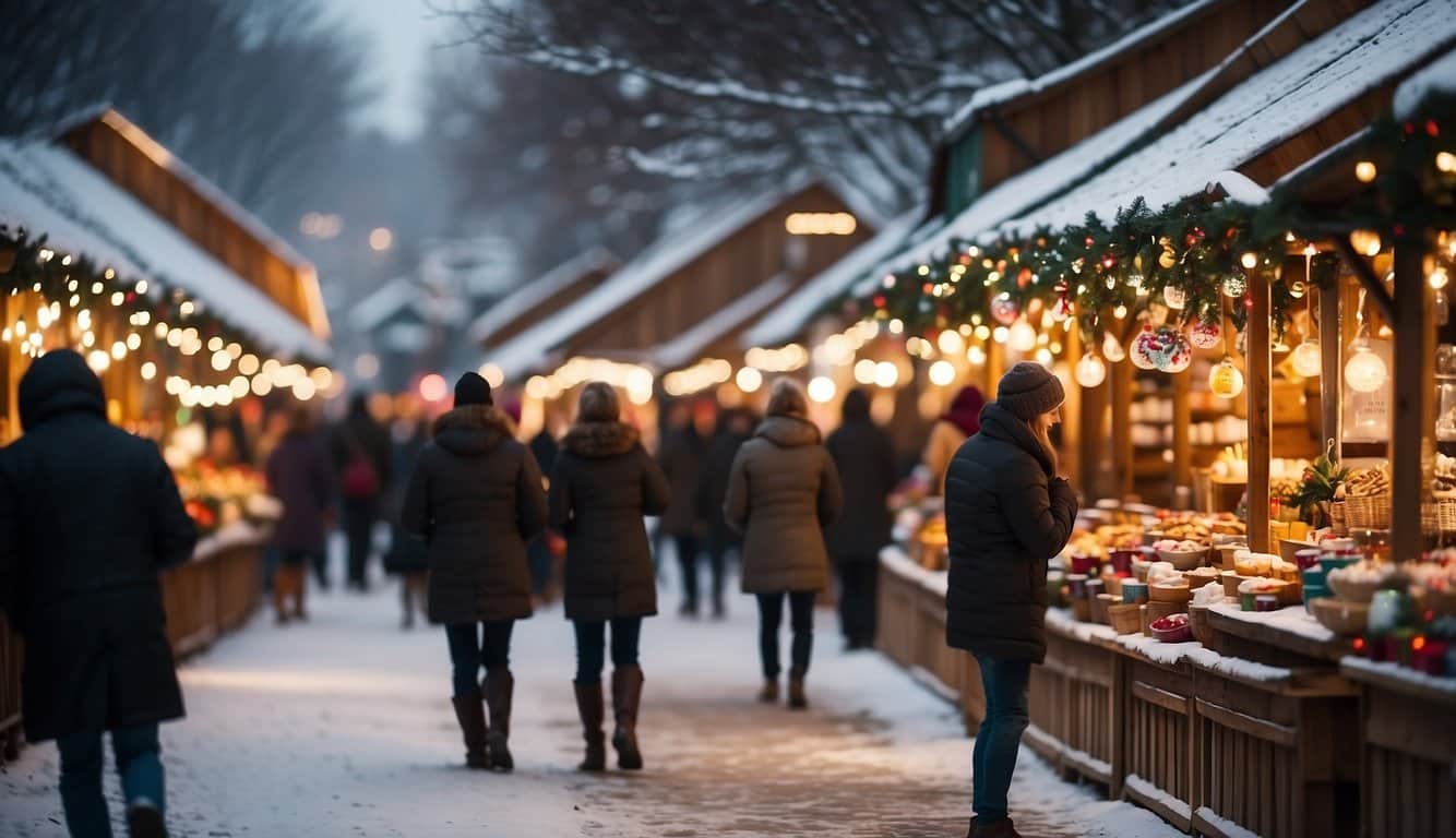 A festive holiday market in Pittsburgh, Pennsylvania, with colorful stalls, twinkling lights, and bustling crowds. The air is filled with the scent of roasted chestnuts and mulled wine