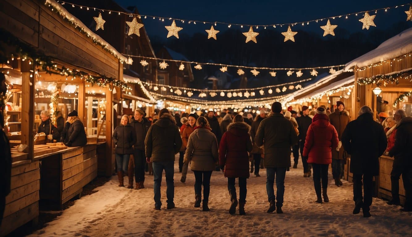 A bustling Christmas market with colorful stalls, twinkling lights, and festive decorations in Philadelphia, Pennsylvania