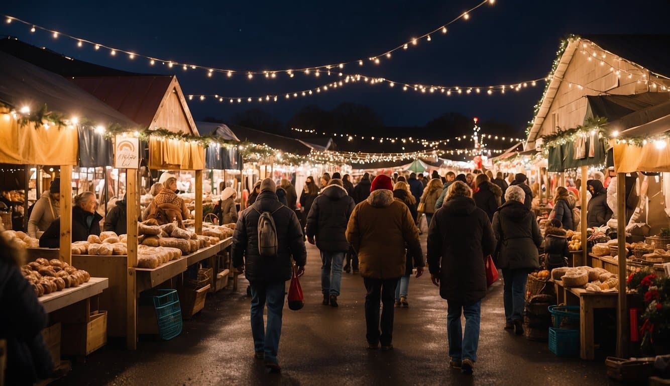 A bustling market with colorful stalls, twinkling lights, and festive decorations at the Bloomsburg Fairgrounds. Vendors sell handmade crafts, holiday treats, and seasonal gifts, while visitors enjoy live music and cheerful atmosphere