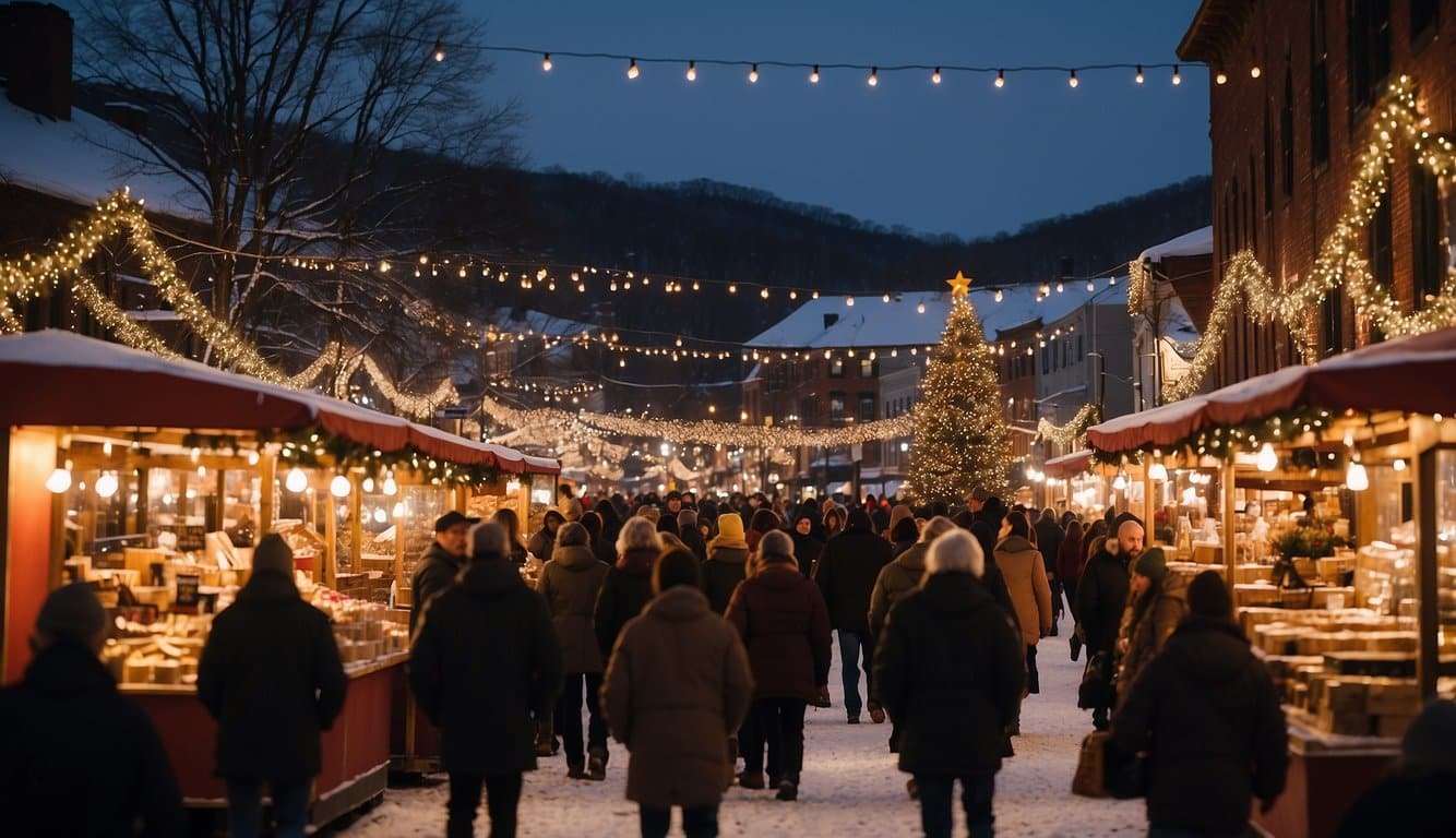 A bustling Christmas market in Jim Thorpe, Pennsylvania, with festive decorations, twinkling lights, and vendors selling holiday treats and gifts