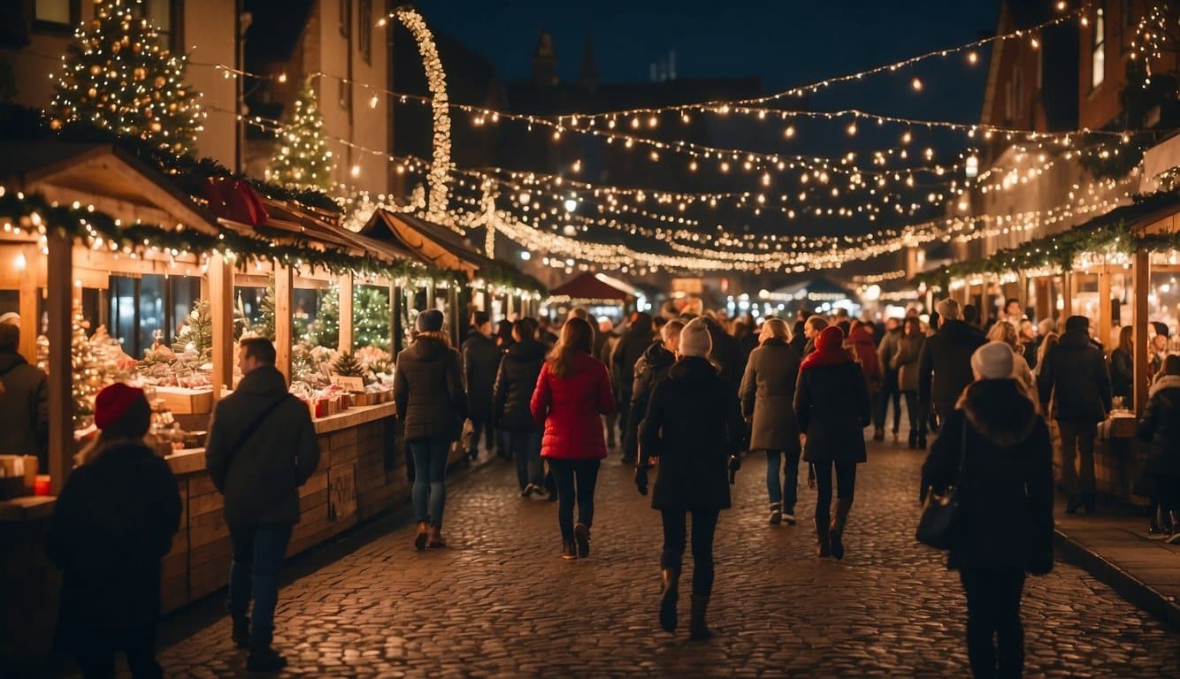 A bustling Christmas market in Pennsylvania, 2024, filled with festive stalls, twinkling lights, and jolly holiday decorations