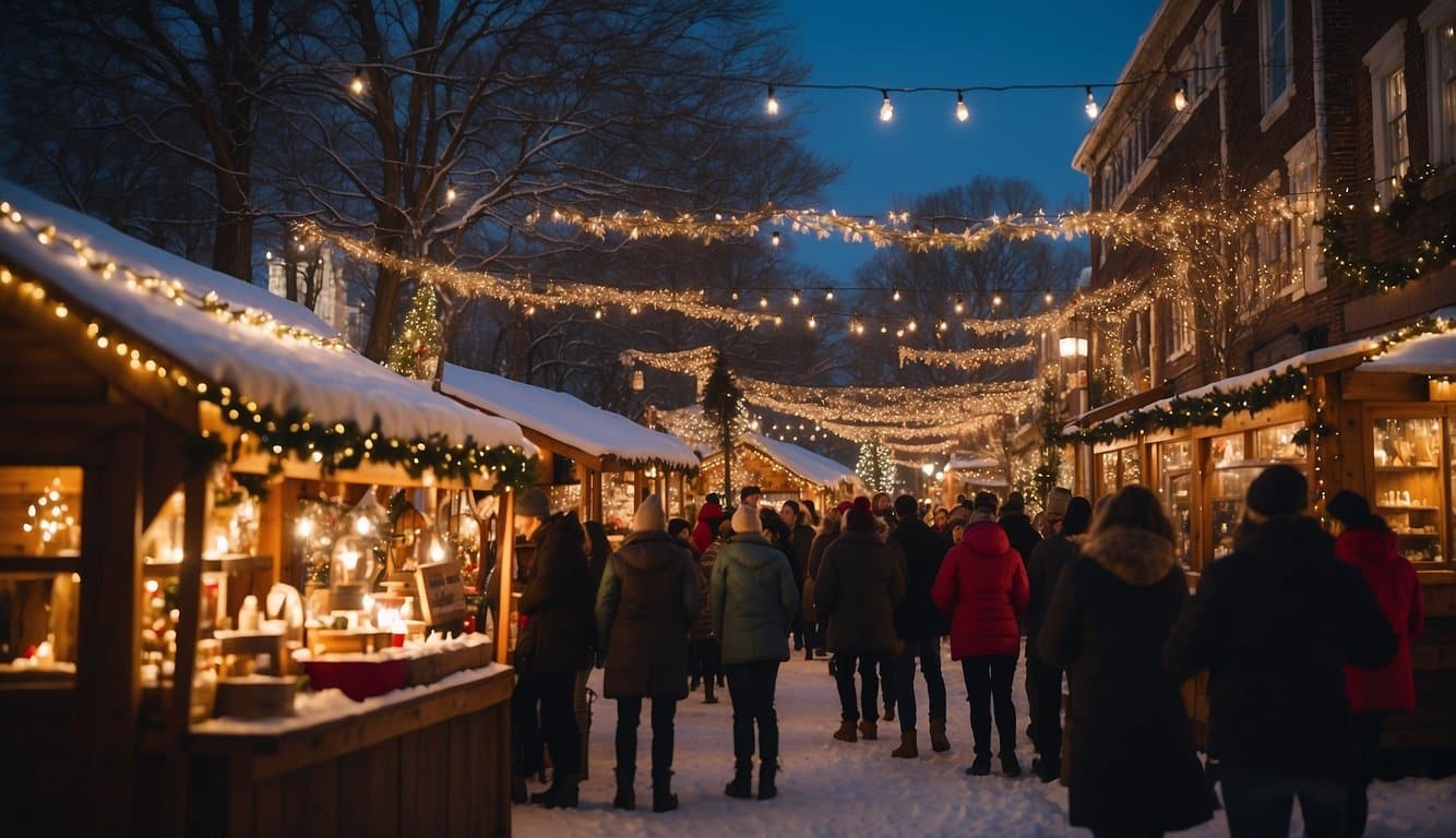 A bustling Christmas market at Trinity Rep, Rhode Island in 2024, with festive decorations, twinkling lights, and joyful carolers