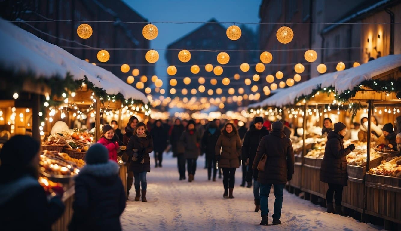 The festive market is filled with colorful stalls selling handmade crafts and delicious treats. Twinkling lights and joyful music fill the air as families wander through the snowy streets, enjoying the holiday spirit