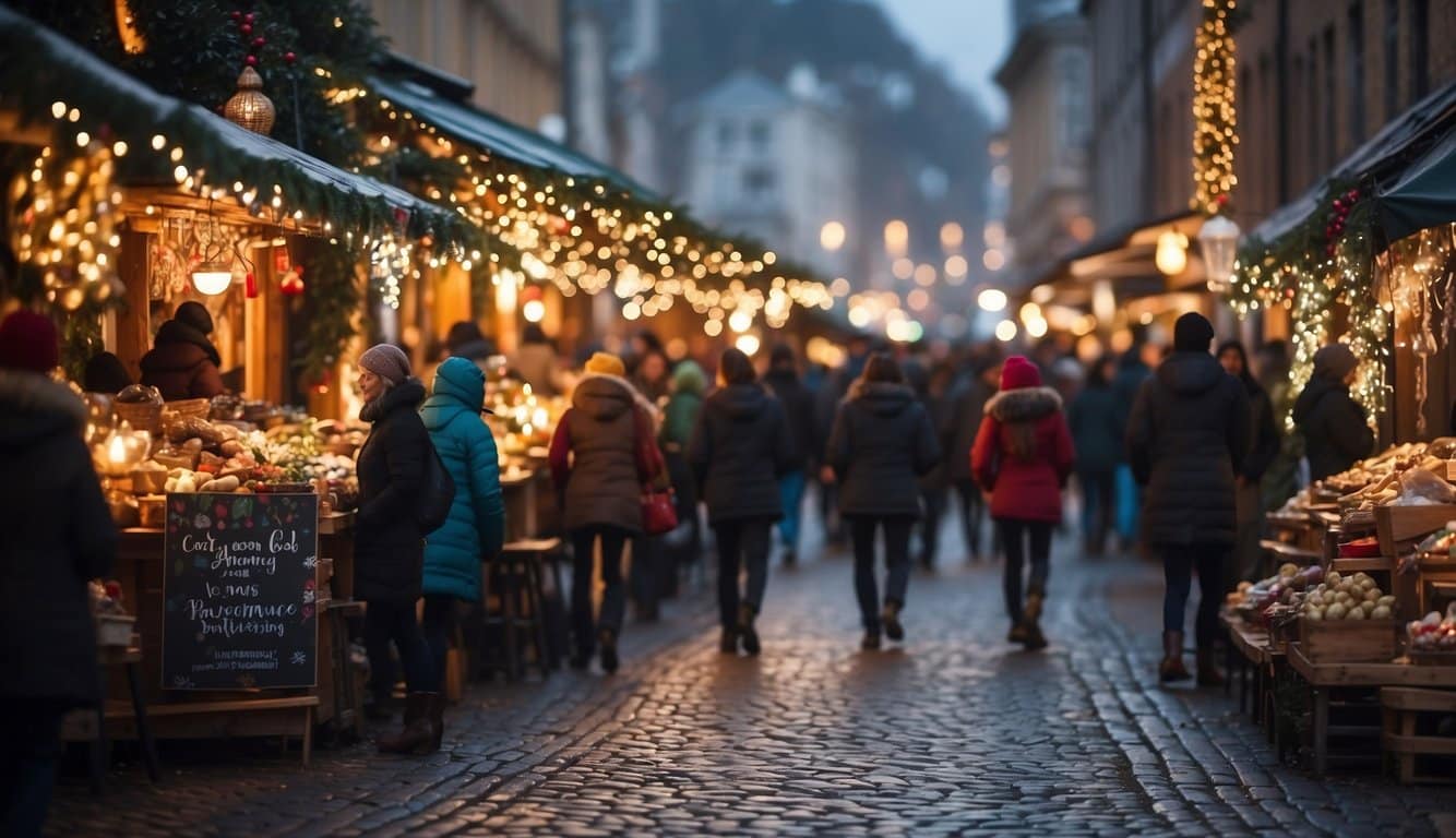 Colorful stalls line the cobblestone streets, adorned with twinkling lights and festive decorations. Crowds of people bustle through, sipping hot cocoa and browsing the array of handmade crafts and holiday treats