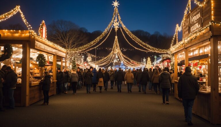 People walking through a festive, illuminated outdoor market at night, with wooden stalls on either side and a star-shaped light display overhead, soaking in the magic of the Christmas Markets Rhode Island 2024.